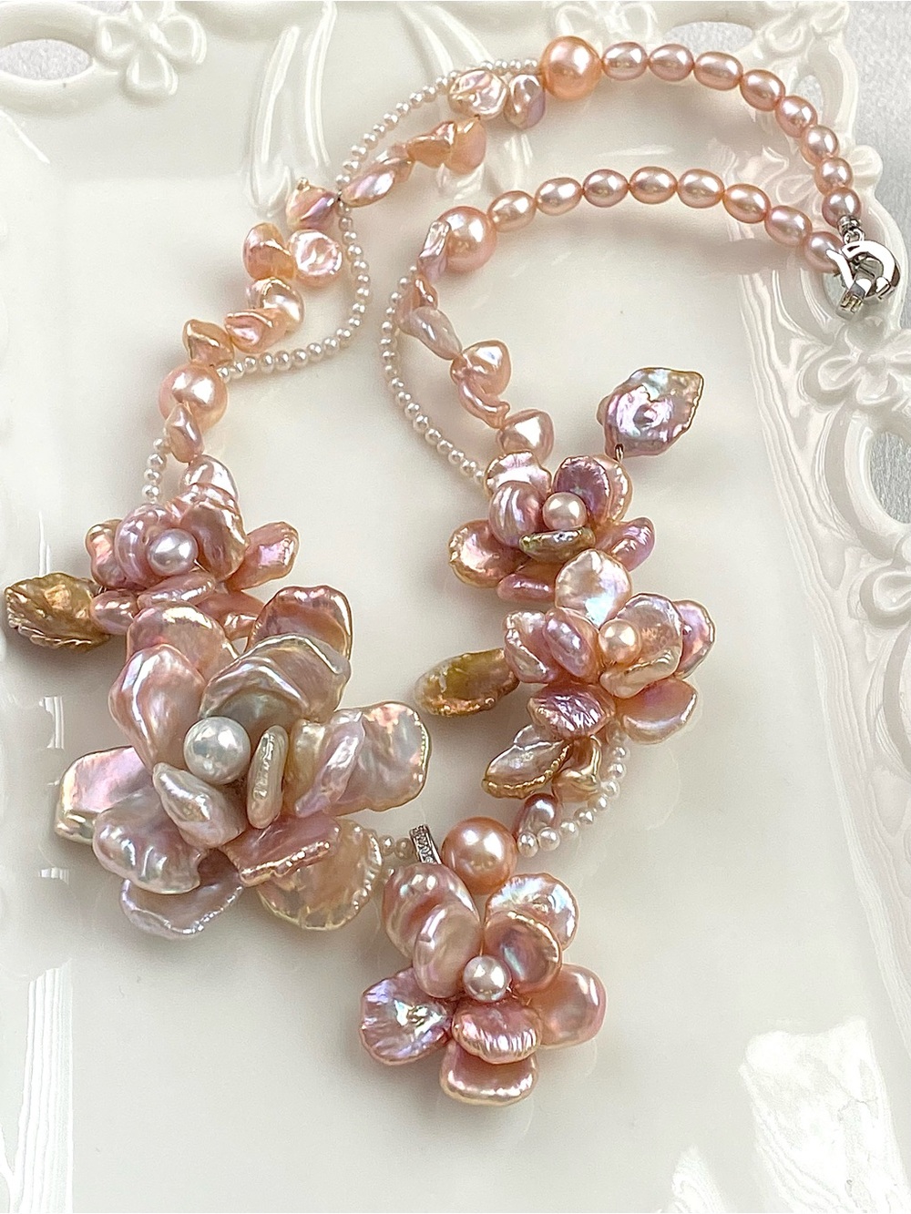 N314-Premium Sakura Pink Petal Pearl 5 Flowers With A Detachable Flower Pendant - Picture 2 of 15